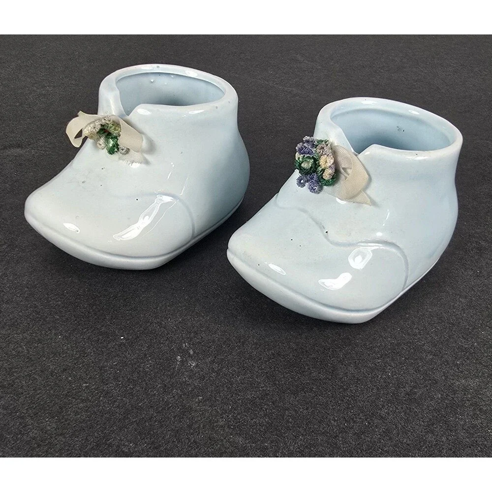 Vintage Blue Ceramic Baby Booties Shoes Mini Figurines with Flowers